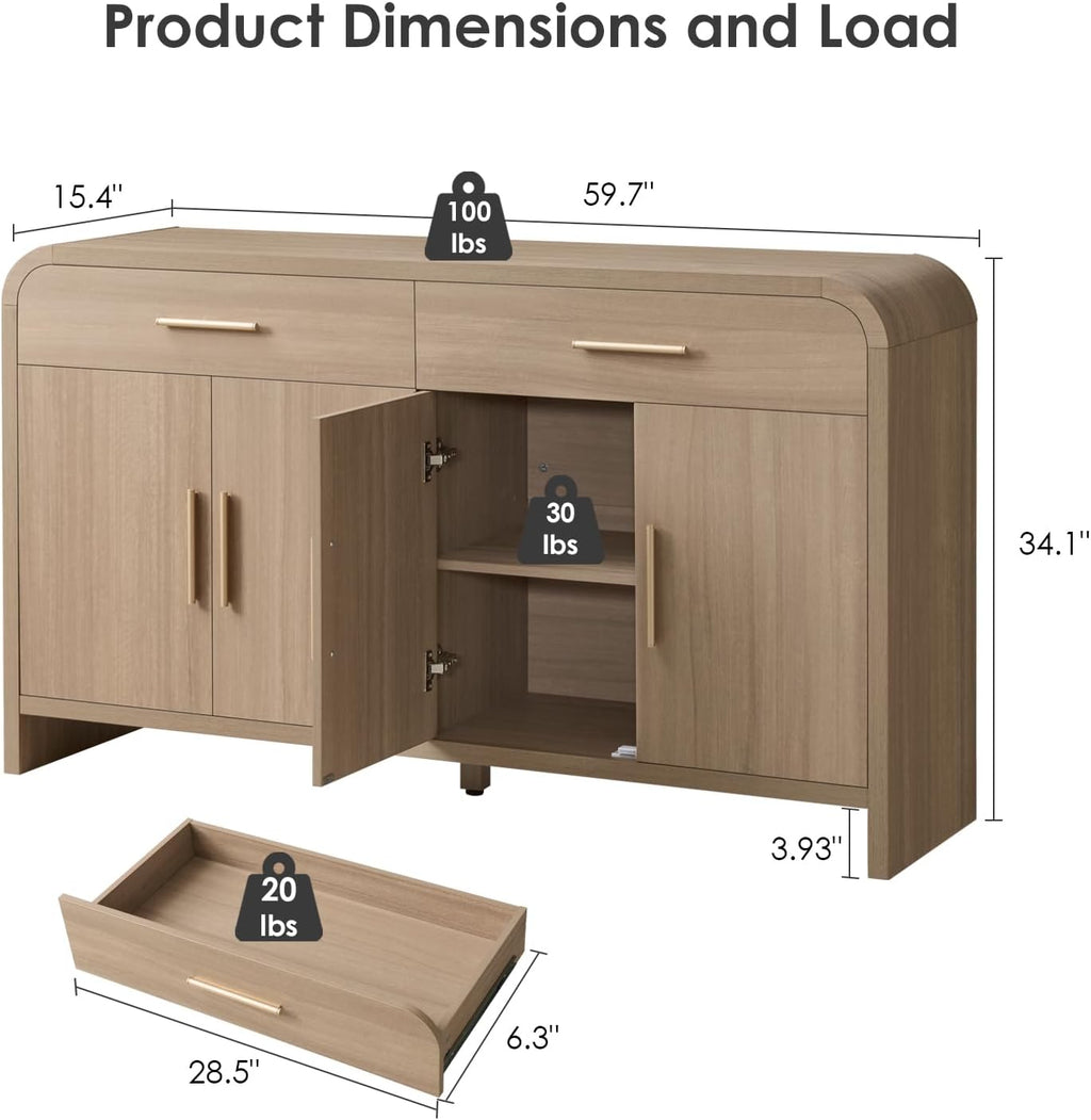 59" Sideboard Buffet Cabinet with Storage, Curved Sideboard Cabinet with Drawers ＆ Adjustable Shelves, Coffee Bar Console Table for Kitchen, Entryway (Natural Oak)