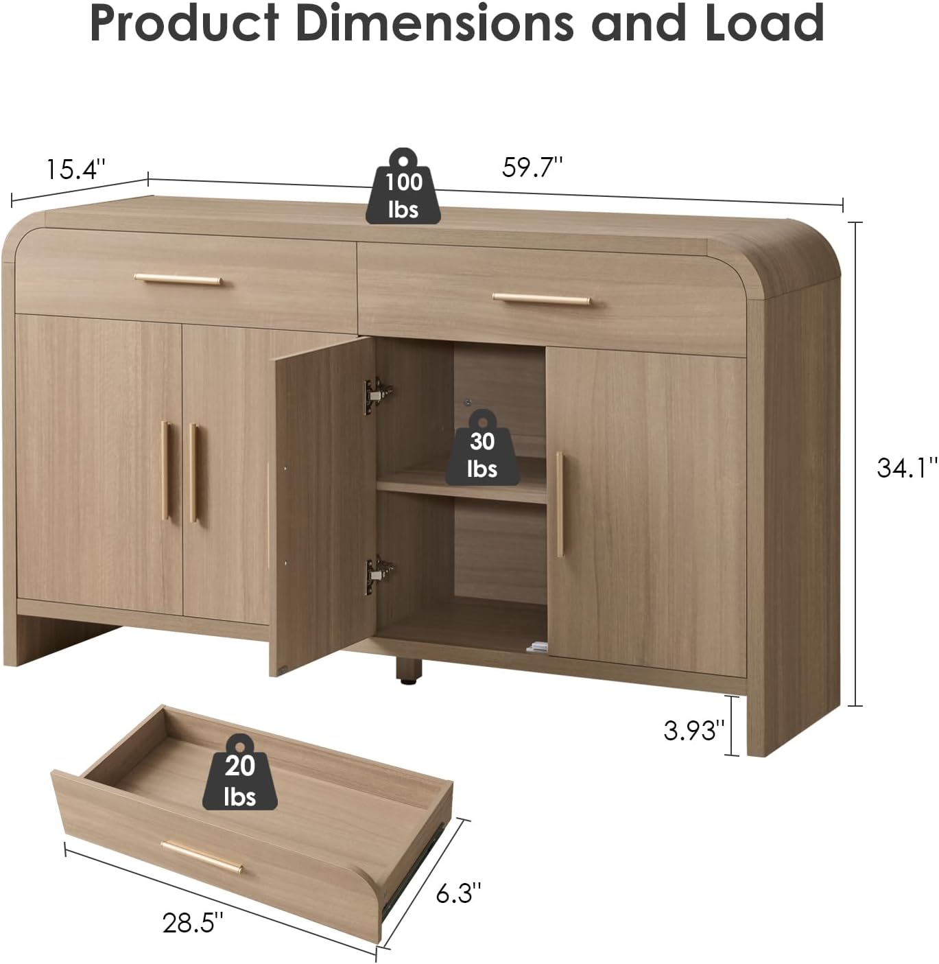 59" Sideboard Buffet Cabinet with Storage, Curved Sideboard Cabinet with Drawers ＆ Adjustable Shelves, Coffee Bar Console Table for Kitchen, Entryway (Natural Oak)