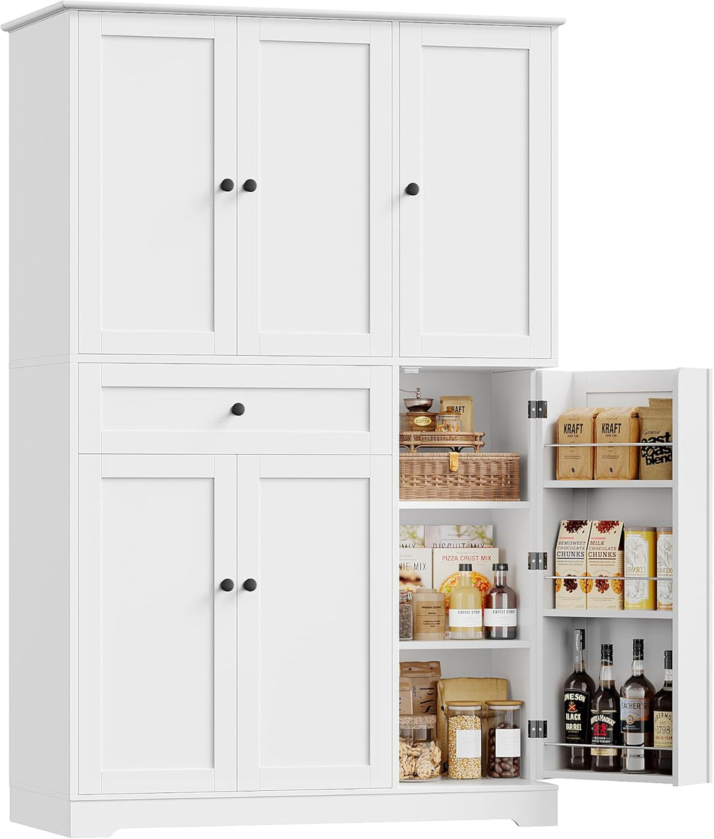 HOSTACK 68" Tall Kitchen Pantry Storage Cabinet, Modern Kitchen Hutch Cabinet with Doors and Shelves, Freestanding Food Pantry with Large Storage Drawer for Dining Room, Living Room, White