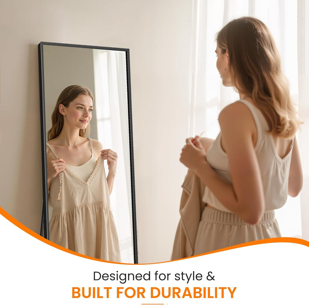 TRAHOME Full Length Floor Mirror 56"x15", Standing Mirror with Aluminum Frame, Large Body Mirror for Bedroom, Living Room and Bathroom, Black