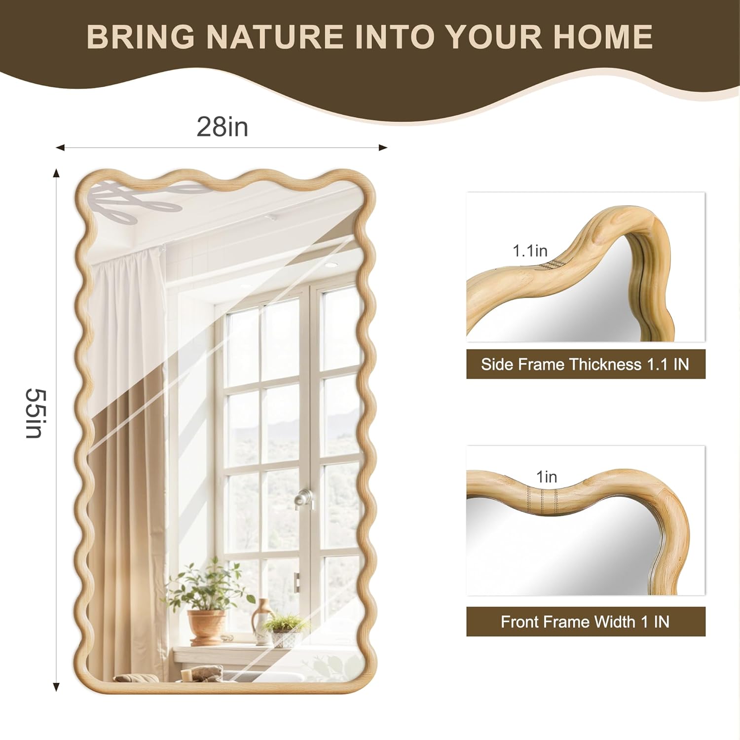 Full Length Mirror, 55"x28" Boho Wavy Wood Floor Mirror, for Bathroom, Bedroom, Living Room, Cloakroom, Entryway