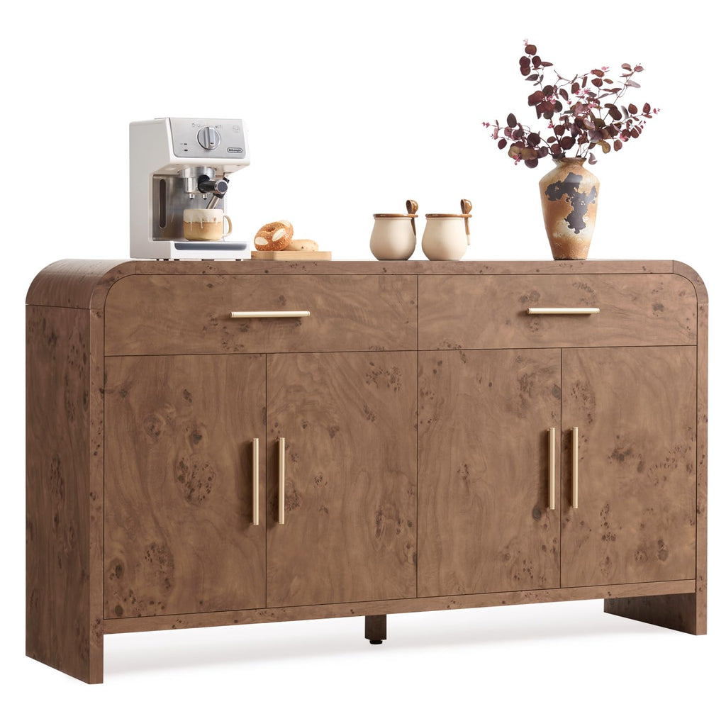 59" Sideboard Buffet Cabinet with Storage, Curved Sideboard Cabinet with Drawers ＆ Adjustable Shelves, Coffee Bar Console Table for Kitchen, Entryway (Natural Oak)