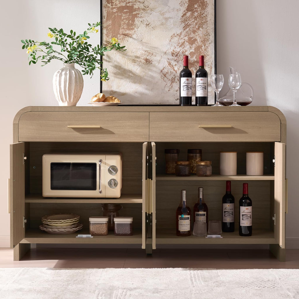 59" Sideboard Buffet Cabinet with Storage, Curved Sideboard Cabinet with Drawers ＆ Adjustable Shelves, Coffee Bar Console Table for Kitchen, Entryway (Natural Oak)
