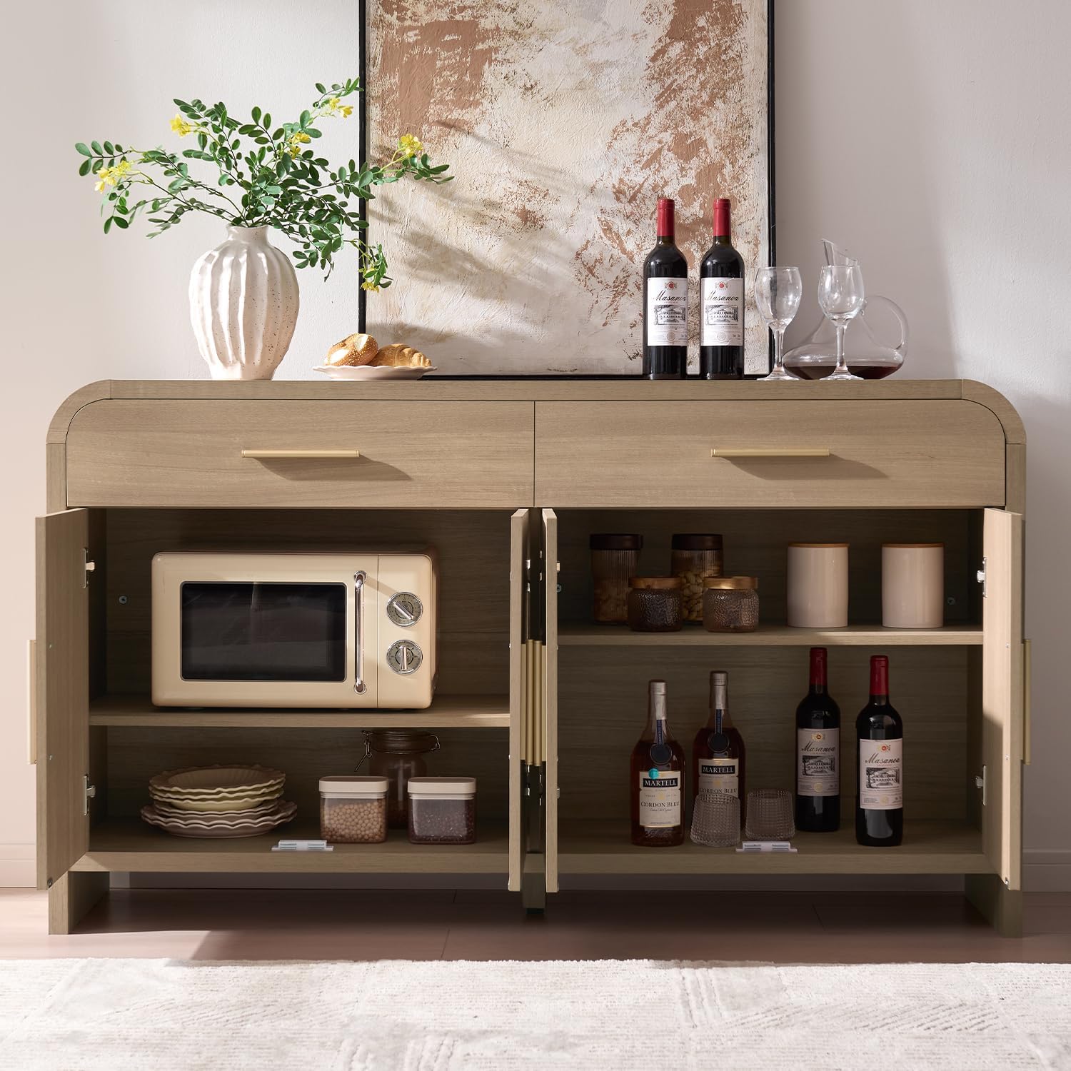 59" Sideboard Buffet Cabinet with Storage, Curved Sideboard Cabinet with Drawers ＆ Adjustable Shelves, Coffee Bar Console Table for Kitchen, Entryway (Natural Oak)