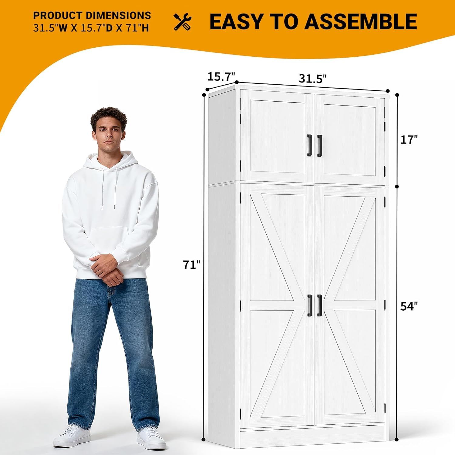 Unikito 71” Tall Storage Cabinet, Large Farmhouse Kitchen Pantry Storage Cabinet with Adjustable Shelves and Barn Doors, Versatile Storage Cupboard for Dinning Room, Bathroom, Living Room, White