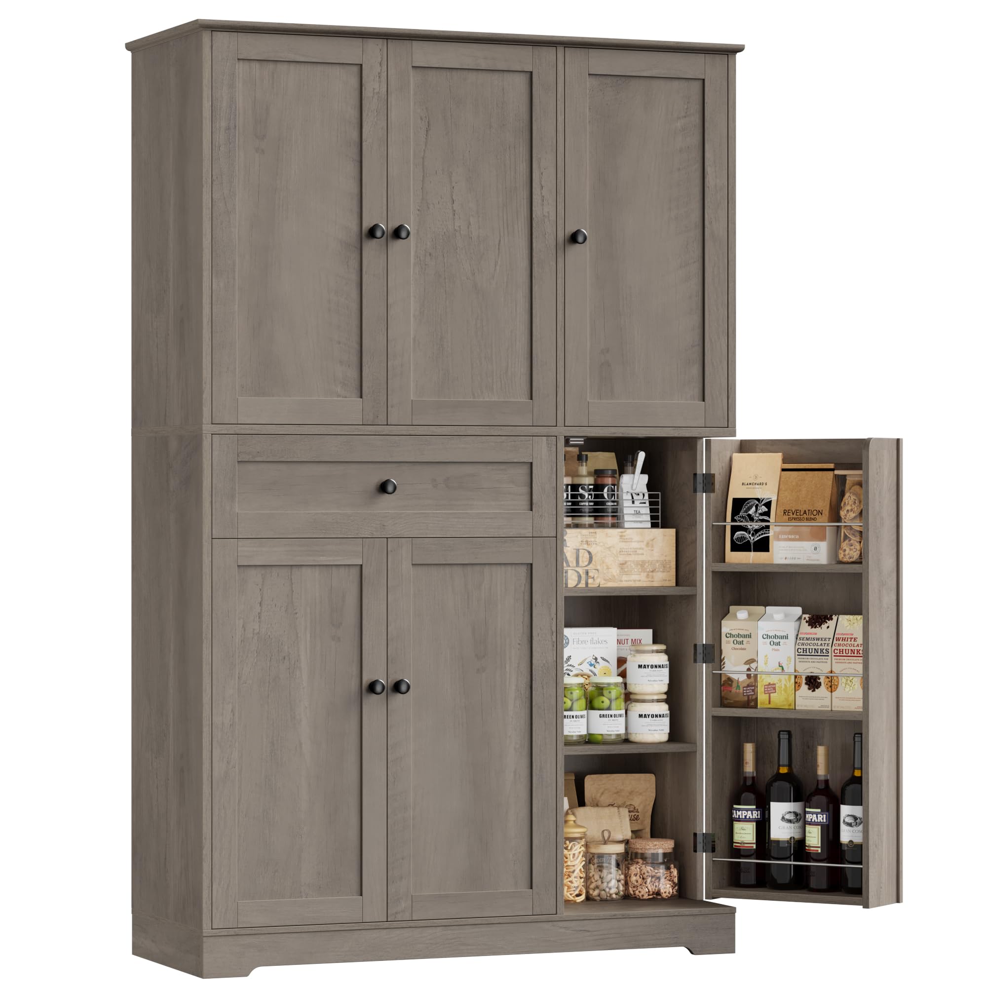 HOSTACK 68" Tall Kitchen Pantry Storage Cabinet, Modern Kitchen Hutch Cabinet with Doors and Shelves, Freestanding Food Pantry with Large Storage Drawer for Dining Room, Living Room, White