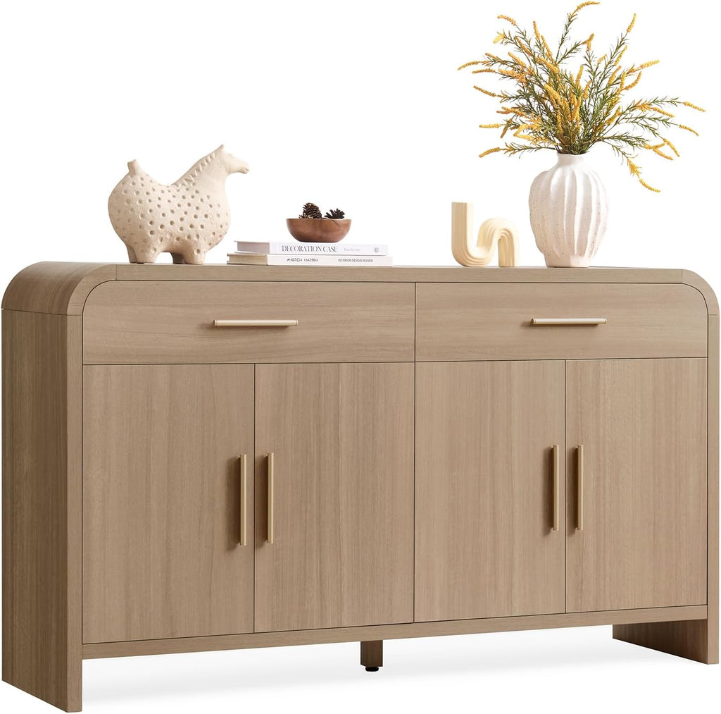 59" Sideboard Buffet Cabinet with Storage, Curved Sideboard Cabinet with Drawers ＆ Adjustable Shelves, Coffee Bar Console Table for Kitchen, Entryway (Natural Oak)