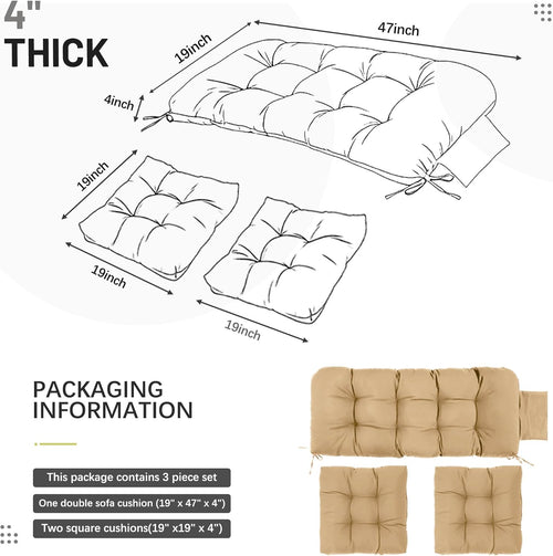 3 Pcs Wicker Chair Cushions Patio Loveseat Chaise Cushion Set - 1200D 47x19*4 Inch Waterproof Wicker Bench Cushions with 2 19x19x4 Inch Chair Cushions for Garden Porch Wicker Patio Furniture(Khaki)