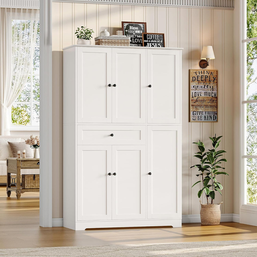 HOSTACK 68" Tall Kitchen Pantry Storage Cabinet, Modern Kitchen Hutch Cabinet with Doors and Shelves, Freestanding Food Pantry with Large Storage Drawer for Dining Room, Living Room, White