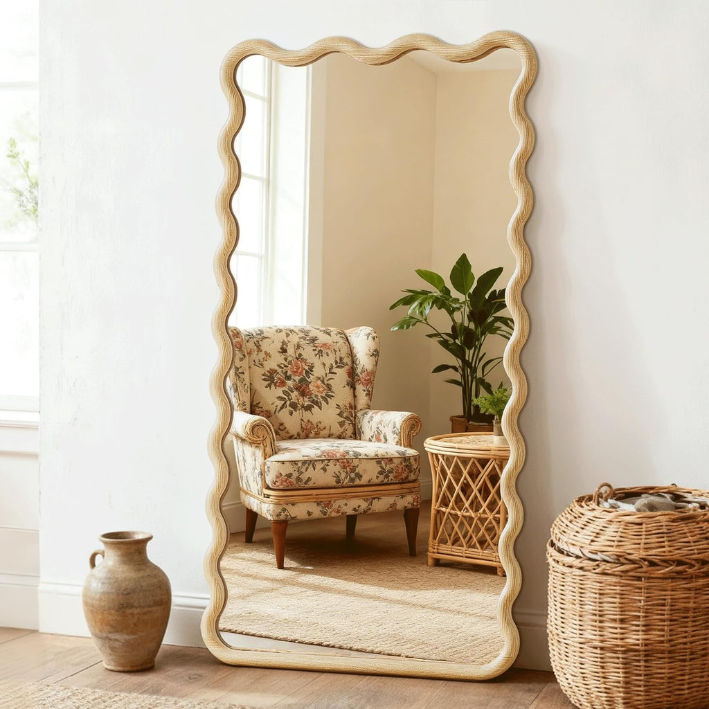 Full Length Mirror, 55"x28" Boho Wavy Wood Floor Mirror, for Bathroom, Bedroom, Living Room, Cloakroom, Entryway