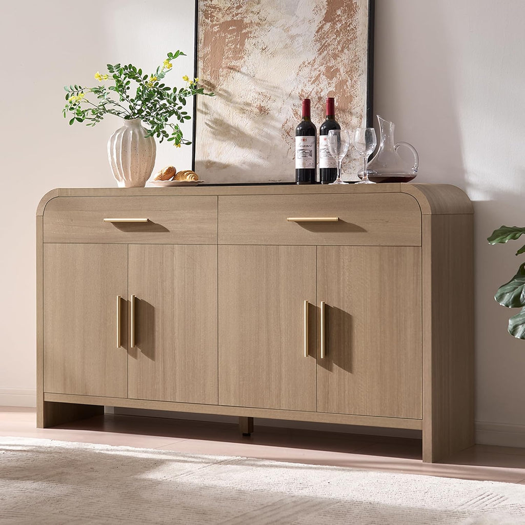 59" Sideboard Buffet Cabinet with Storage, Curved Sideboard Cabinet with Drawers ＆ Adjustable Shelves, Coffee Bar Console Table for Kitchen, Entryway (Natural Oak)