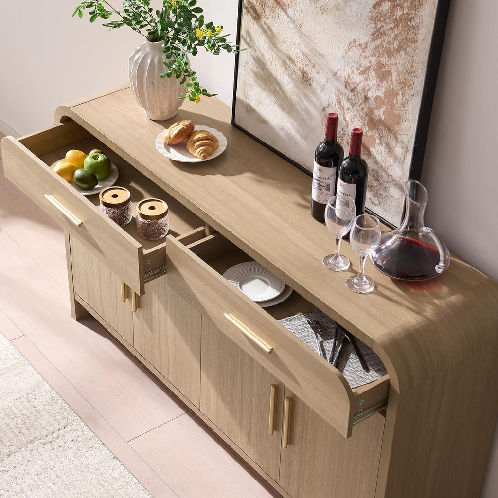 59" Sideboard Buffet Cabinet with Storage, Curved Sideboard Cabinet with Drawers ＆ Adjustable Shelves, Coffee Bar Console Table for Kitchen, Entryway (Natural Oak)