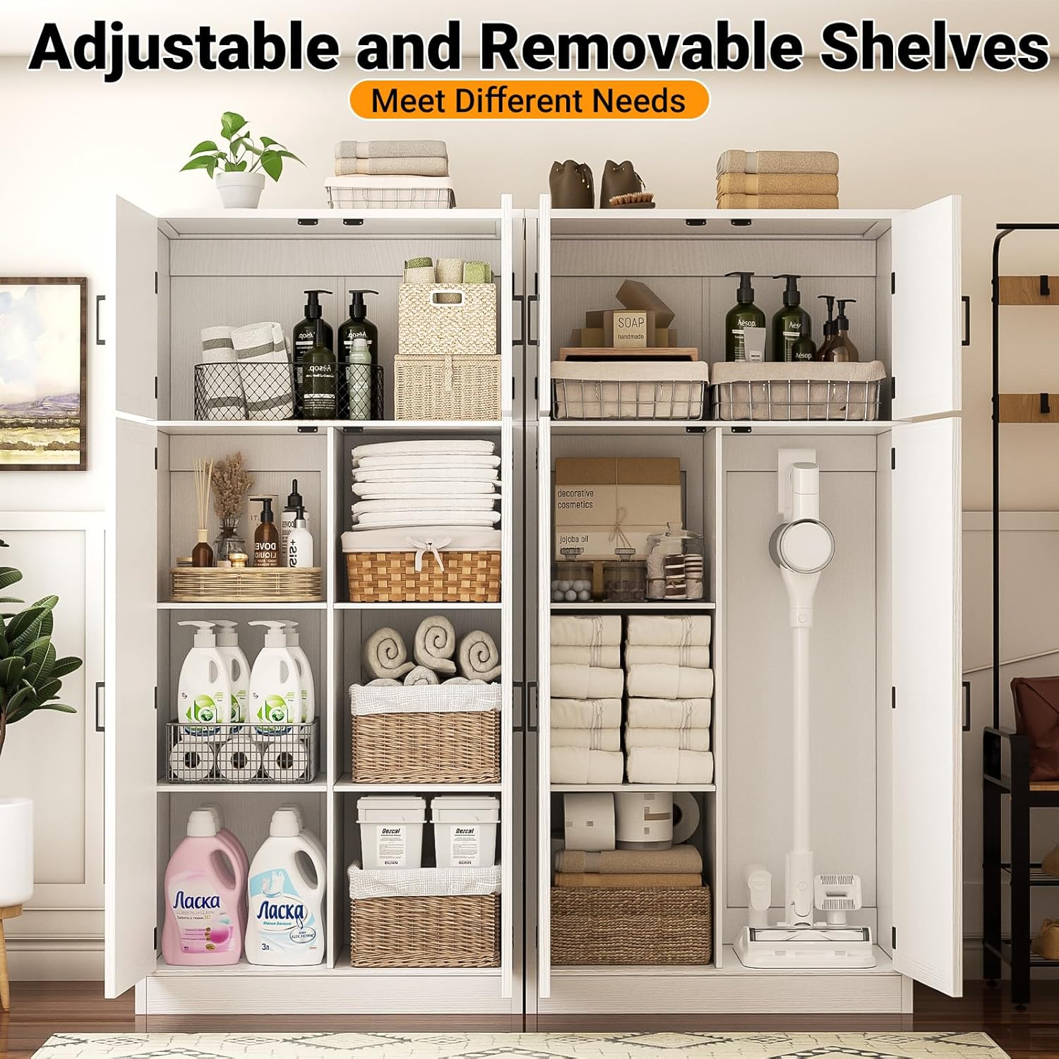 Unikito 71” Tall Storage Cabinet, Large Farmhouse Kitchen Pantry Storage Cabinet with Adjustable Shelves and Barn Doors, Versatile Storage Cupboard for Dinning Room, Bathroom, Living Room, White